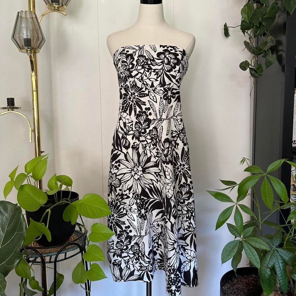 Gap Womens 12 Floral Strapless Midi Dress Black White Linen Blend Lined Summer